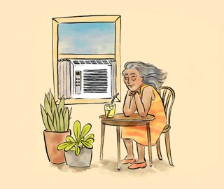 An illustration of an older woman seated in her home, facing a window air conditioning unit. She is smiling as the AC unit blows cool air at her.